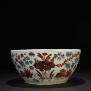 Yuan Dynasty blue and white underglaze red lotus pond vat with mandarin duck pattern