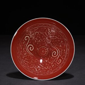 Yuan Dynasty kiln red glaze bamboo hat bowl with engraved phoenix pattern