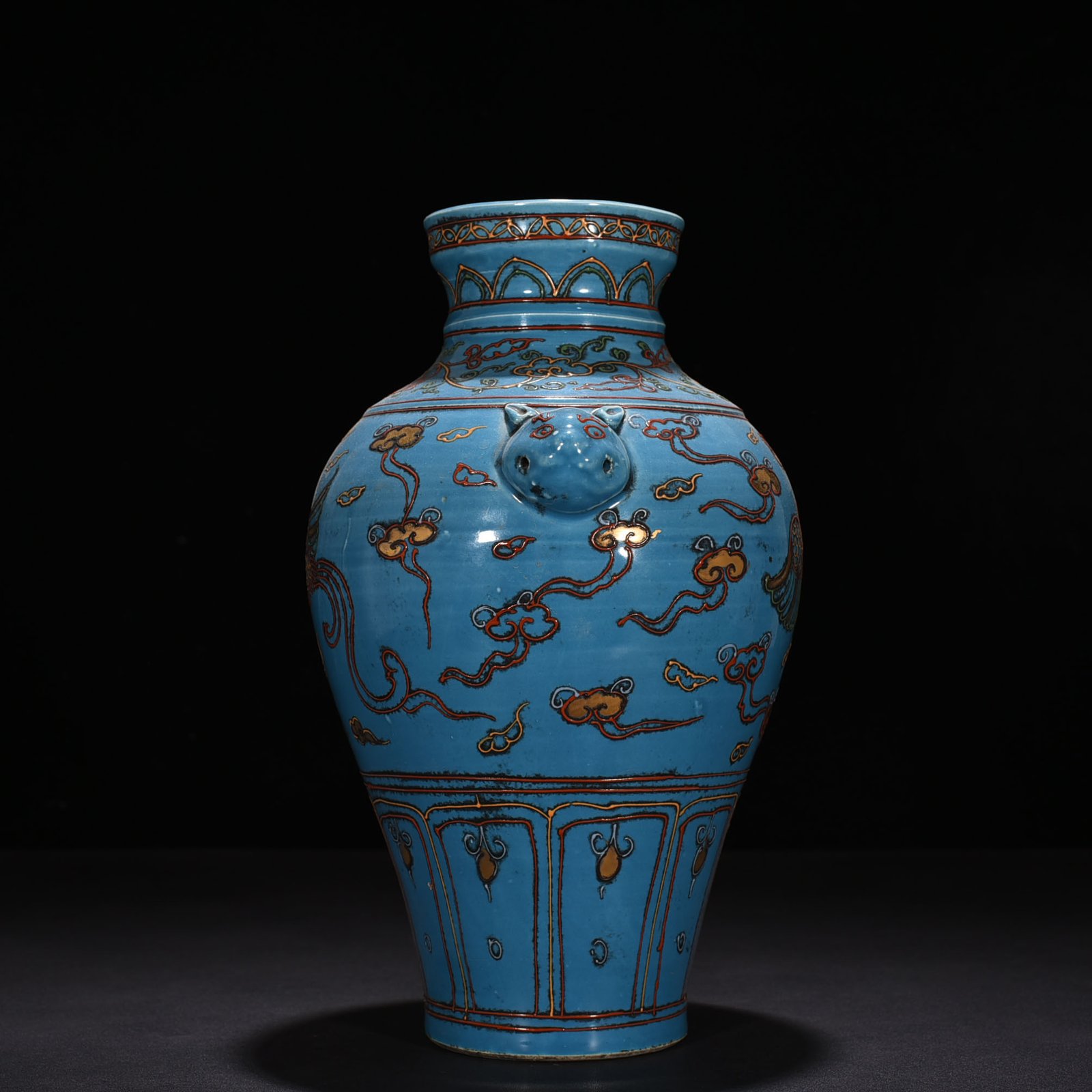 Yuan Dynasty kiln blue glaze powder painted gold phoenix pattern animal ear vase