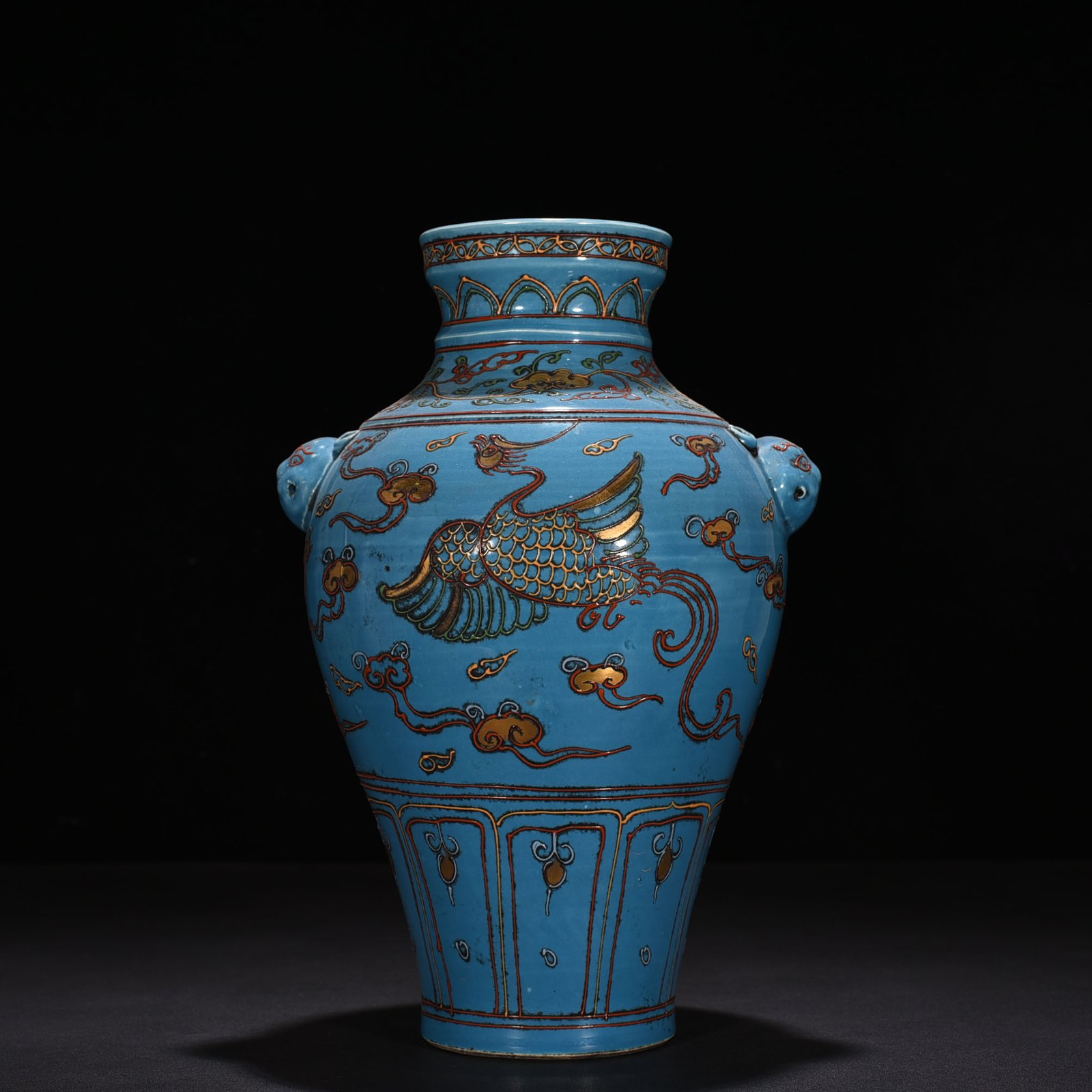 Yuan Dynasty kiln blue glaze powder painted gold phoenix pattern animal ear vase