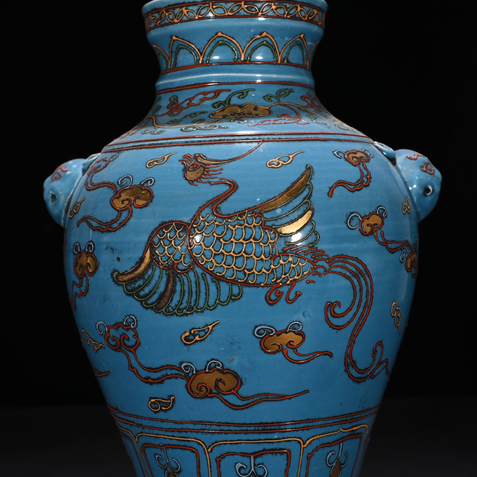 Yuan Dynasty kiln blue glaze powder painted gold phoenix pattern animal ear vase