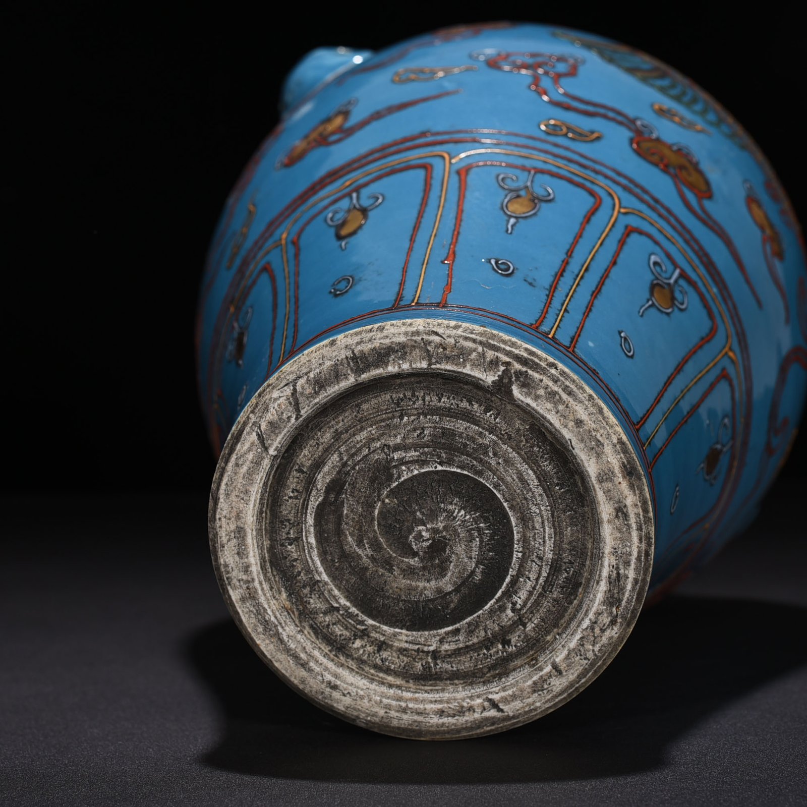 Yuan Dynasty kiln blue glaze powder painted gold phoenix pattern animal ear vase