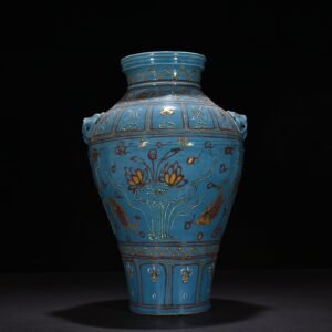 Yuan Dynasty kiln blue glaze lime powder painted goldfish and algae pattern animal ear vase
