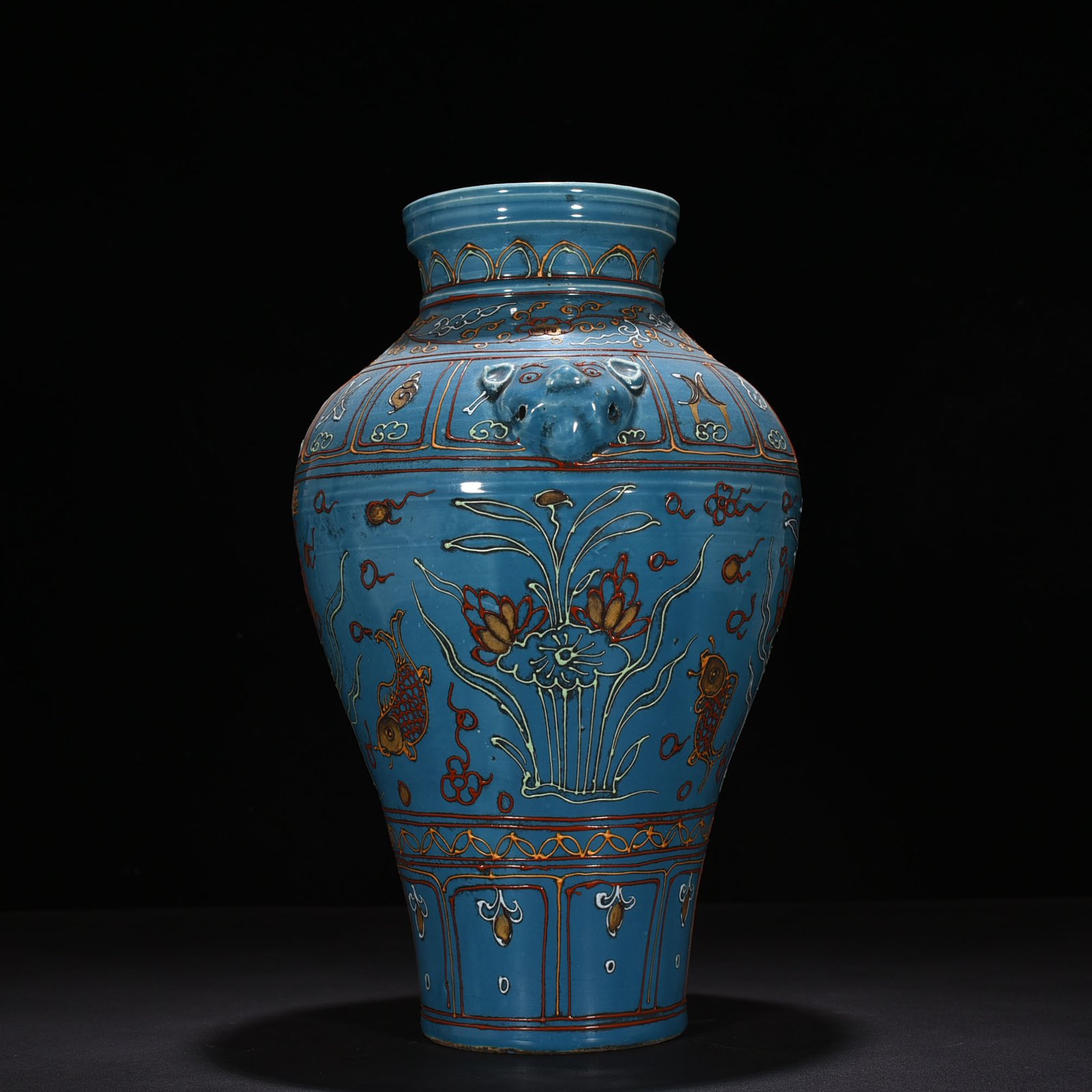 Yuan Dynasty kiln blue glaze lime powder painted goldfish and algae pattern animal ear vase