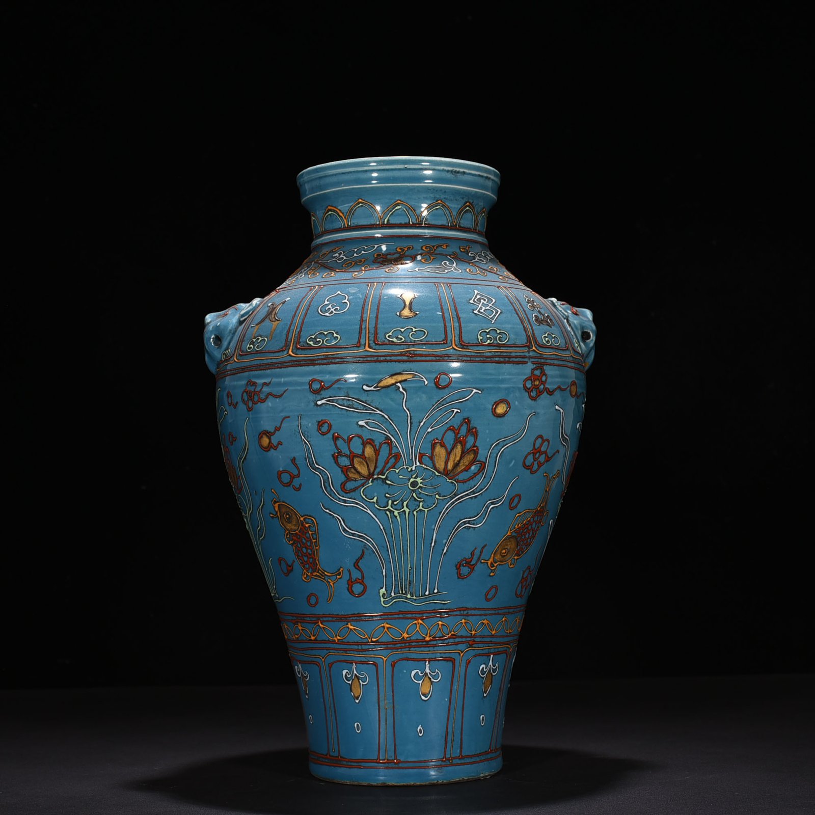 Yuan Dynasty kiln blue glaze lime powder painted goldfish and algae pattern animal ear vase