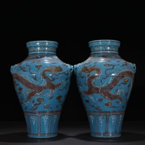 Yuan Dynasty kiln blue glaze powder painted gold dragon pattern animal ear dish bottle