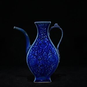 Yuan Dynasty blue glaze carved floral pattern square-handled ewer
