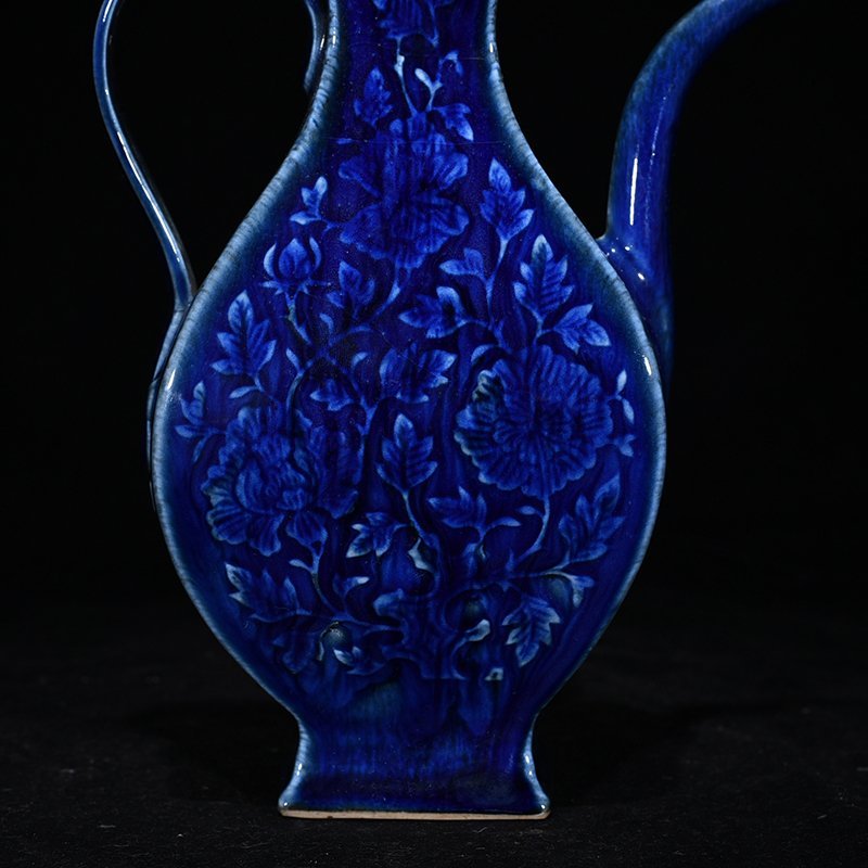 Yuan Dynasty blue glaze carved floral pattern square-handled ewer