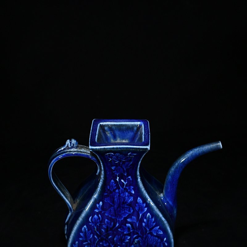 Yuan Dynasty blue glaze carved floral pattern square-handled ewer