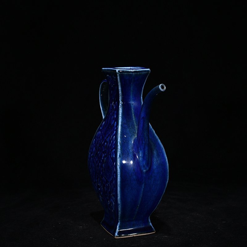 Yuan Dynasty blue glaze carved floral pattern square-handled ewer