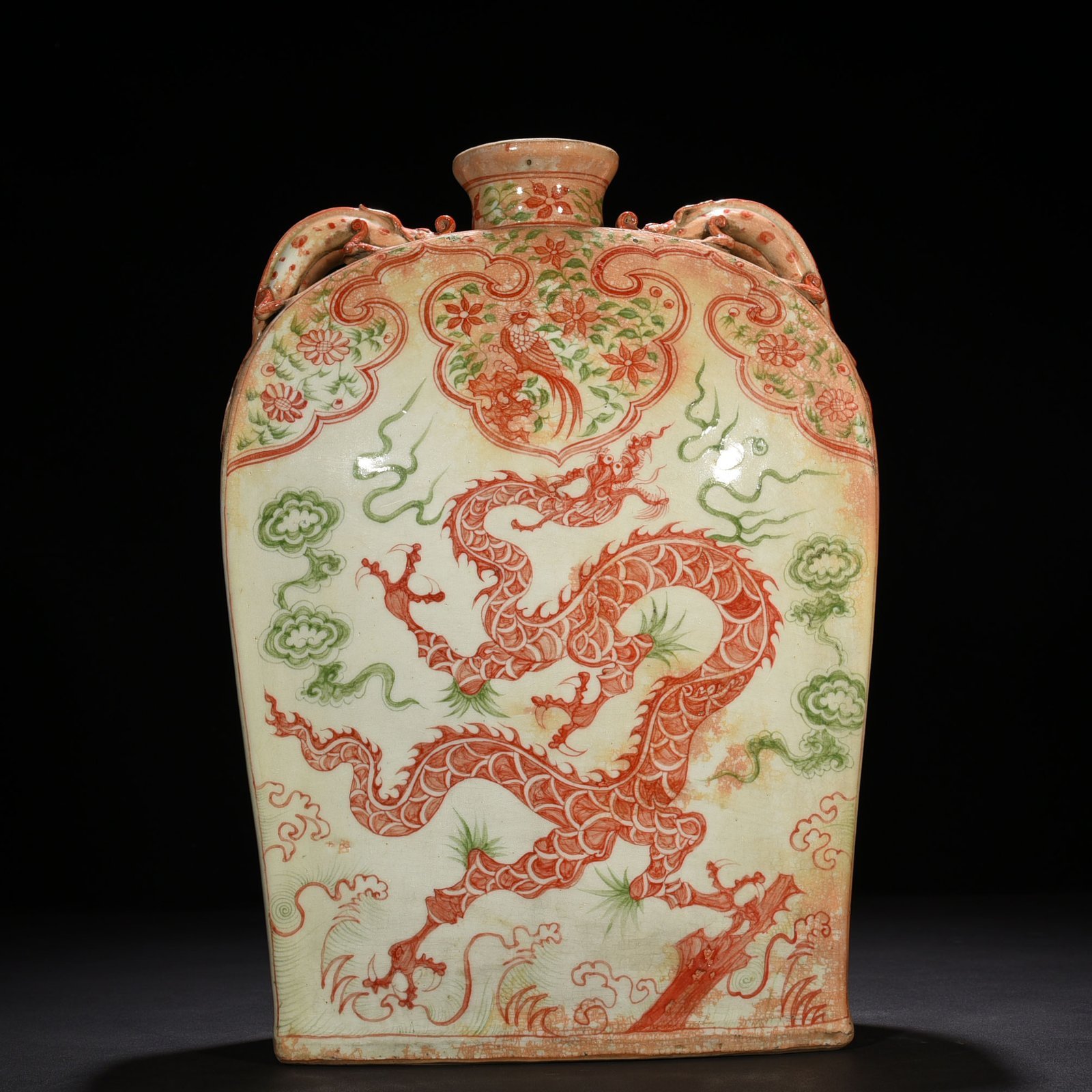 Yuan Dynasty underglaze red and green cloud and dragon pattern four series flat vase