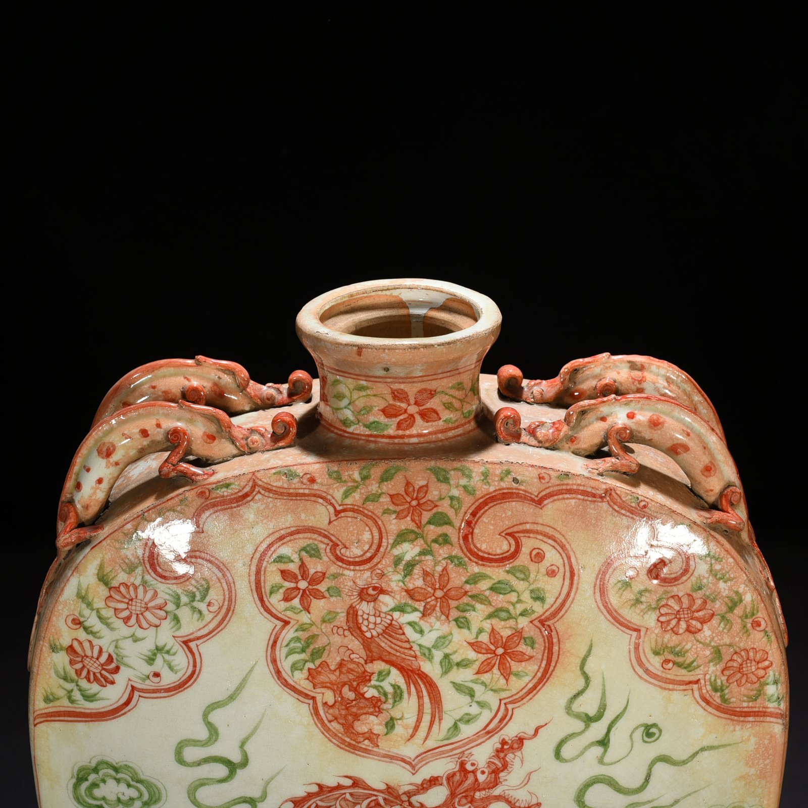 Yuan Dynasty underglaze red and green cloud and dragon pattern four series flat vase