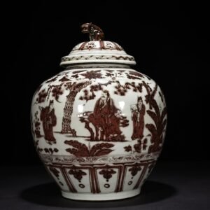 Yuan Dynasty underglaze red three-story thatched cottage covered jar