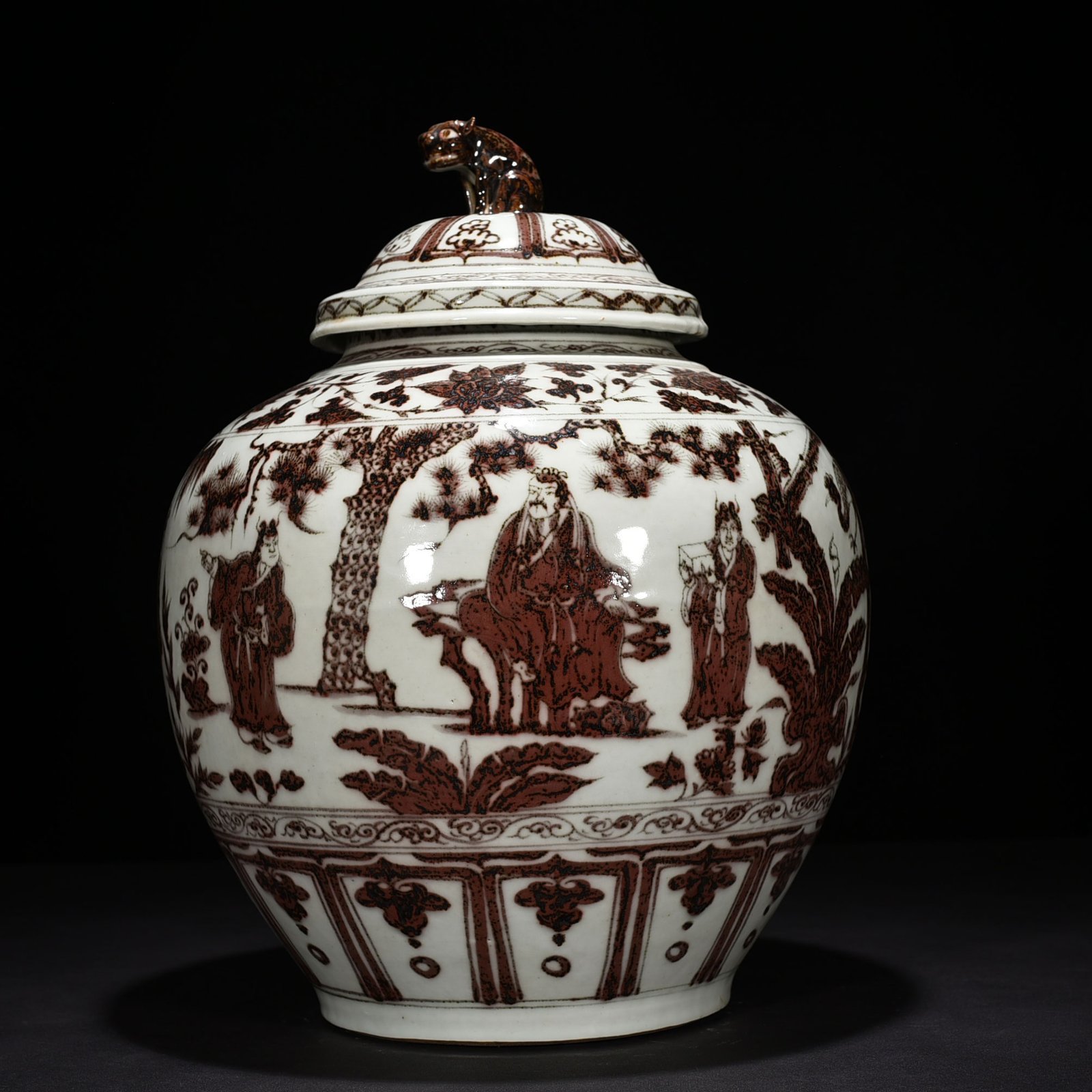 Yuan Dynasty underglaze red three-story thatched cottage covered jar