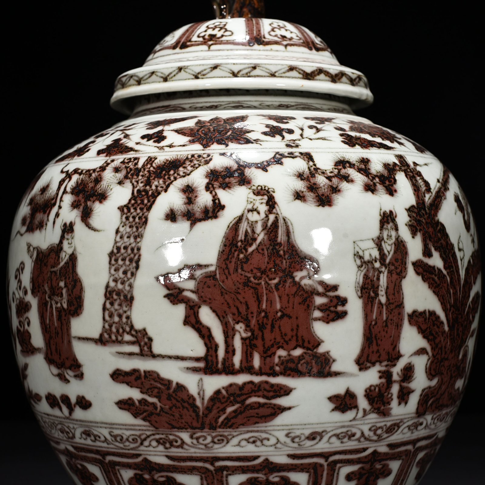 Yuan Dynasty underglaze red three-story thatched cottage covered jar