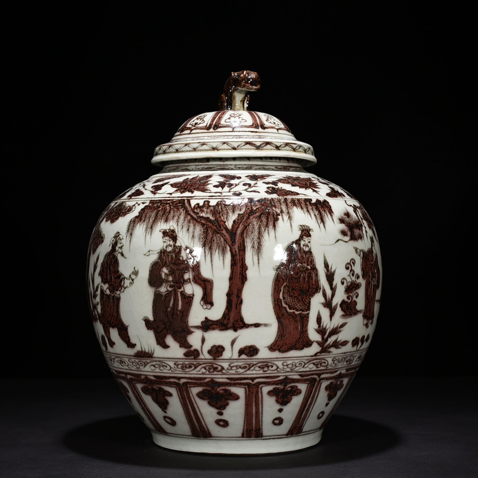 Yuan Dynasty underglaze red three-story thatched cottage covered jar