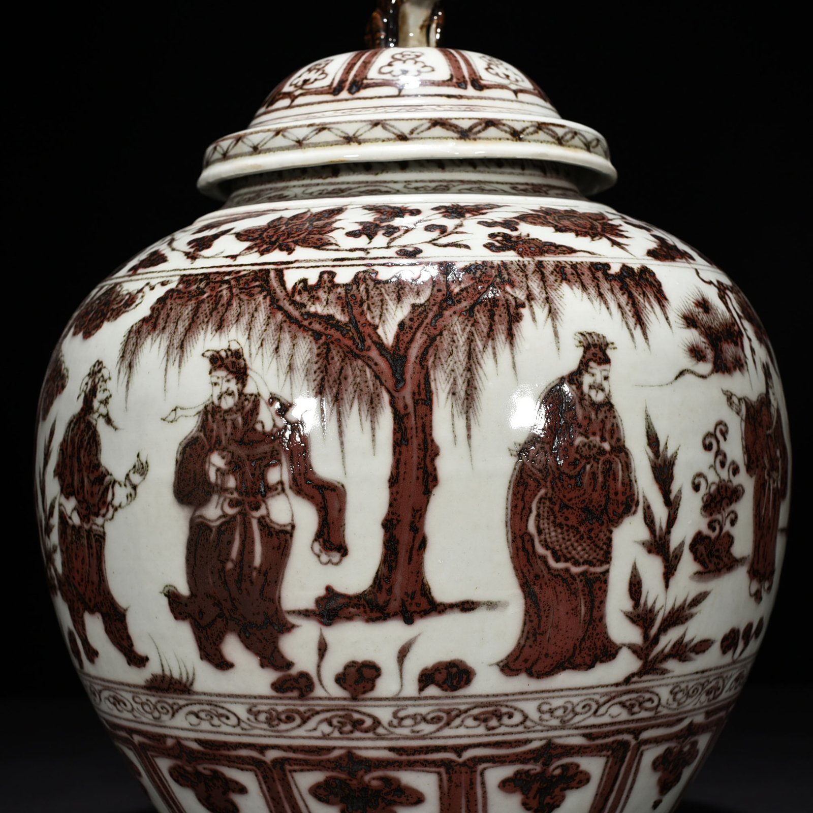 Yuan Dynasty underglaze red three-story thatched cottage covered jar