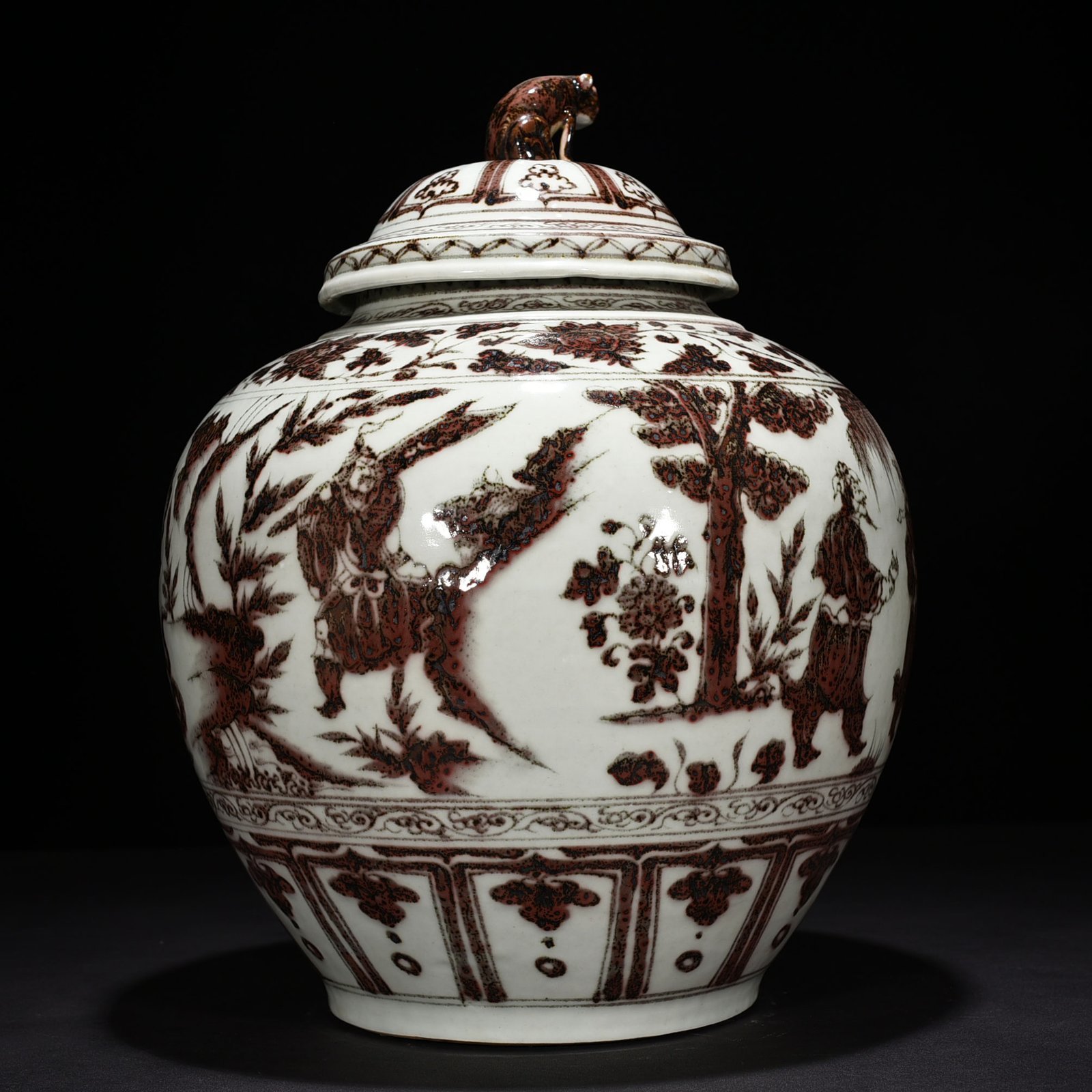 Yuan Dynasty underglaze red three-story thatched cottage covered jar
