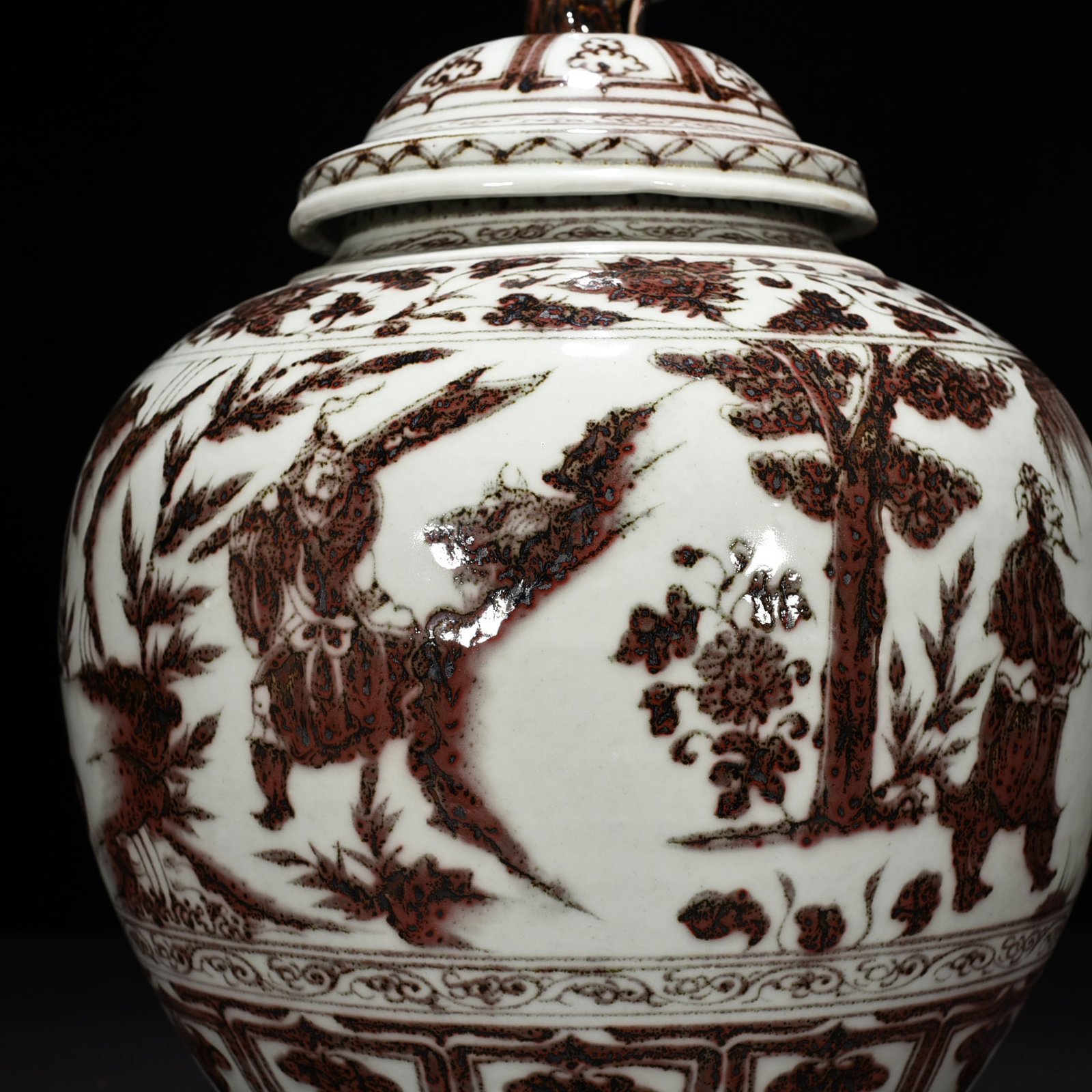 Yuan Dynasty underglaze red three-story thatched cottage covered jar