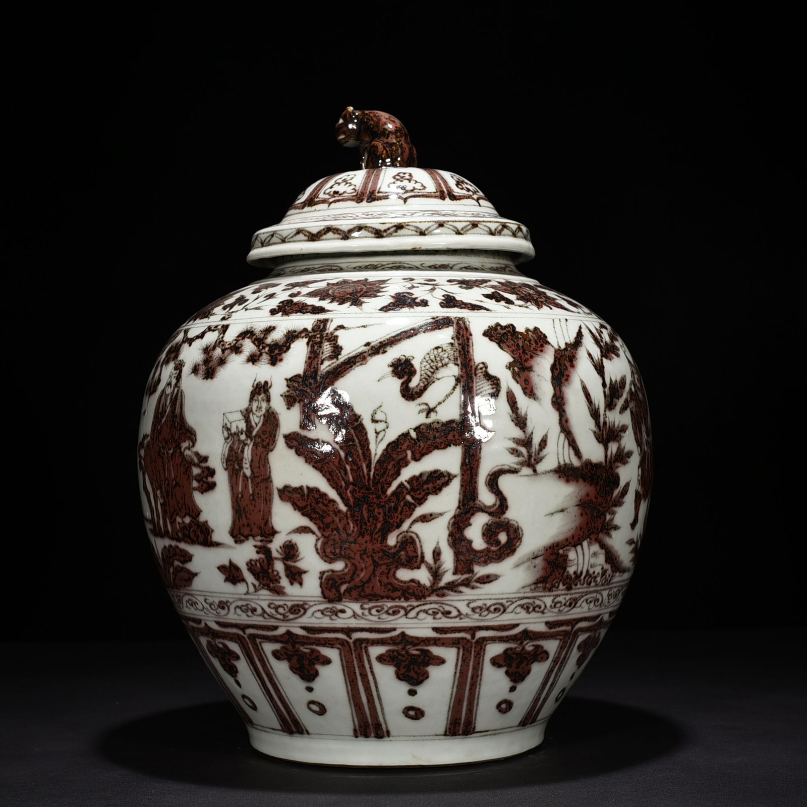 Yuan Dynasty underglaze red three-story thatched cottage covered jar
