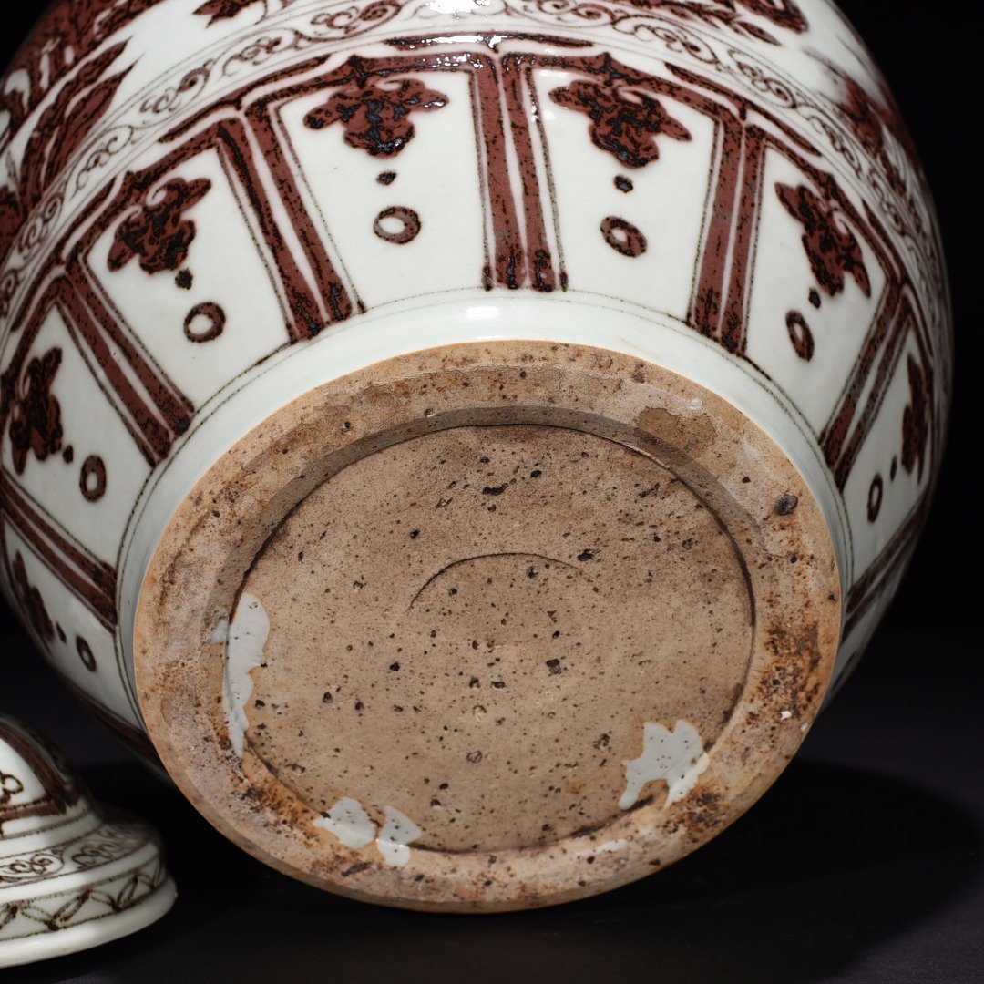Yuan Dynasty underglaze red three-story thatched cottage covered jar