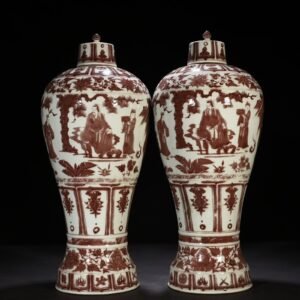 Yuan Dynasty underglaze red three-story thatched cottage figure pattern tall-footed plum vase