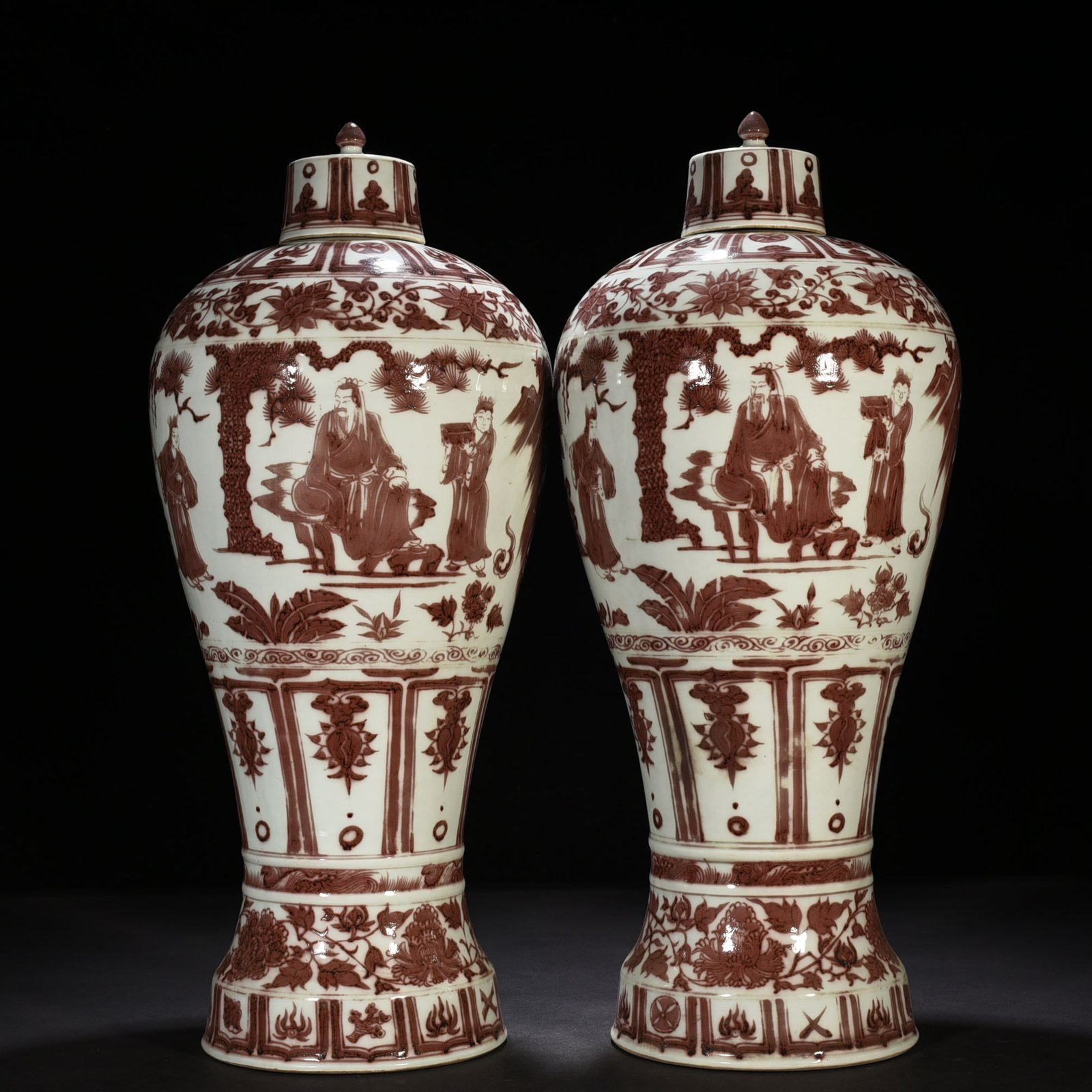 Yuan Dynasty underglaze red three-story thatched cottage figure pattern tall-footed plum vase