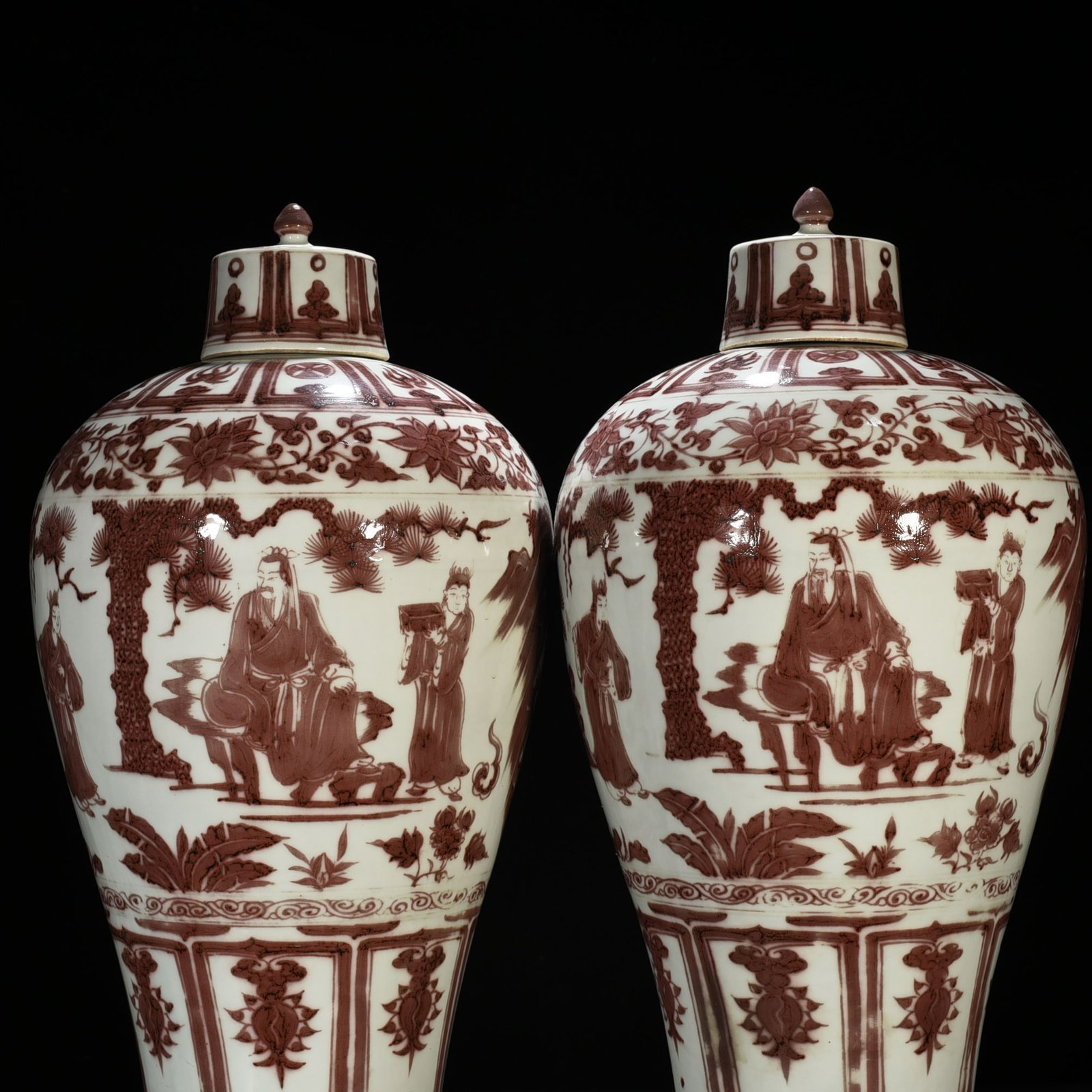 Yuan Dynasty underglaze red three-story thatched cottage figure pattern tall-footed plum vase