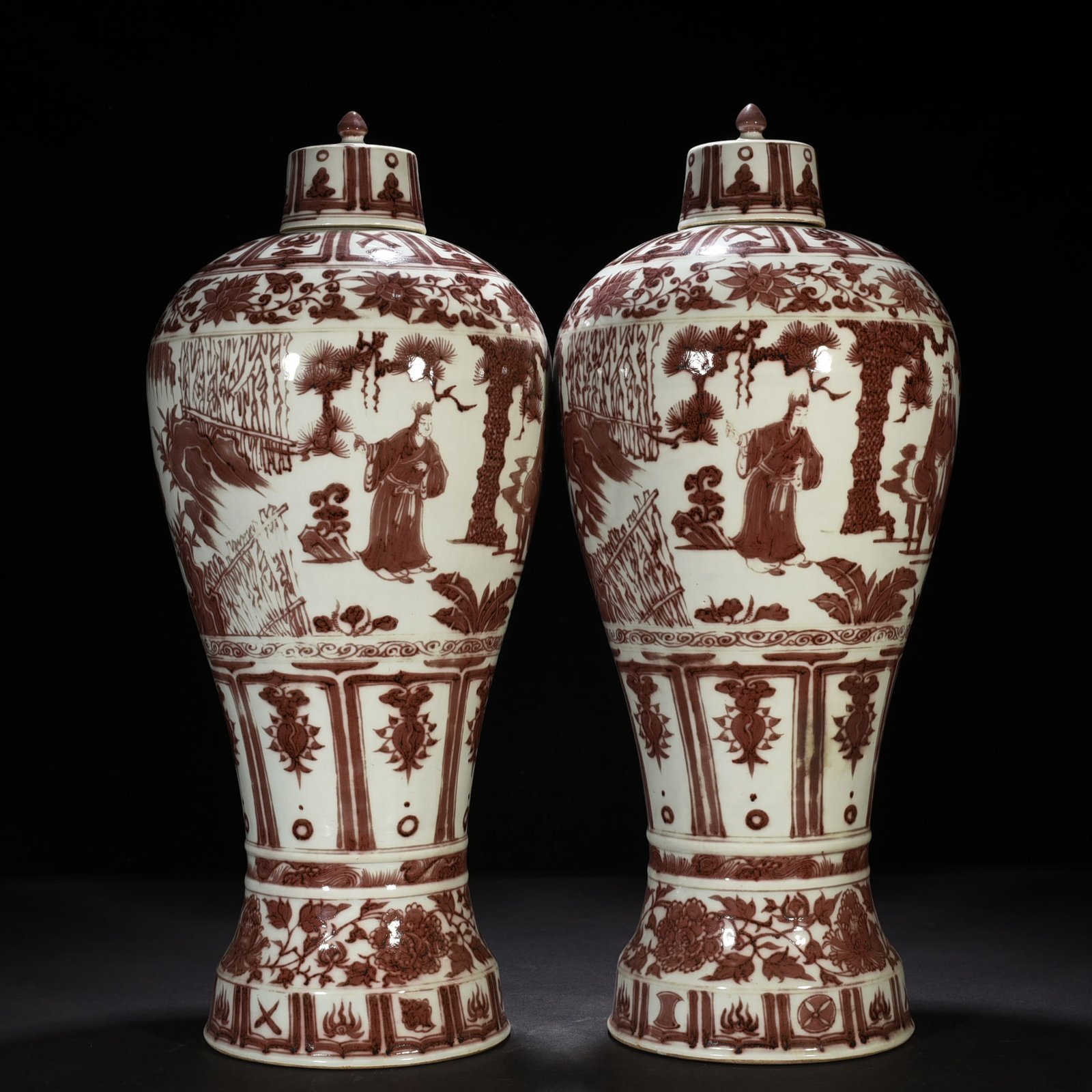 Yuan Dynasty underglaze red three-story thatched cottage figure pattern tall-footed plum vase