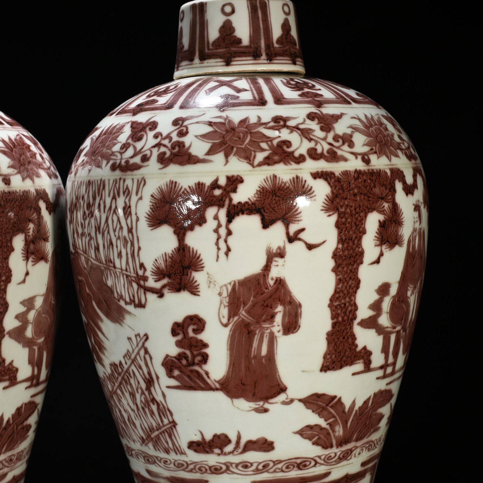 Yuan Dynasty underglaze red three-story thatched cottage figure pattern tall-footed plum vase