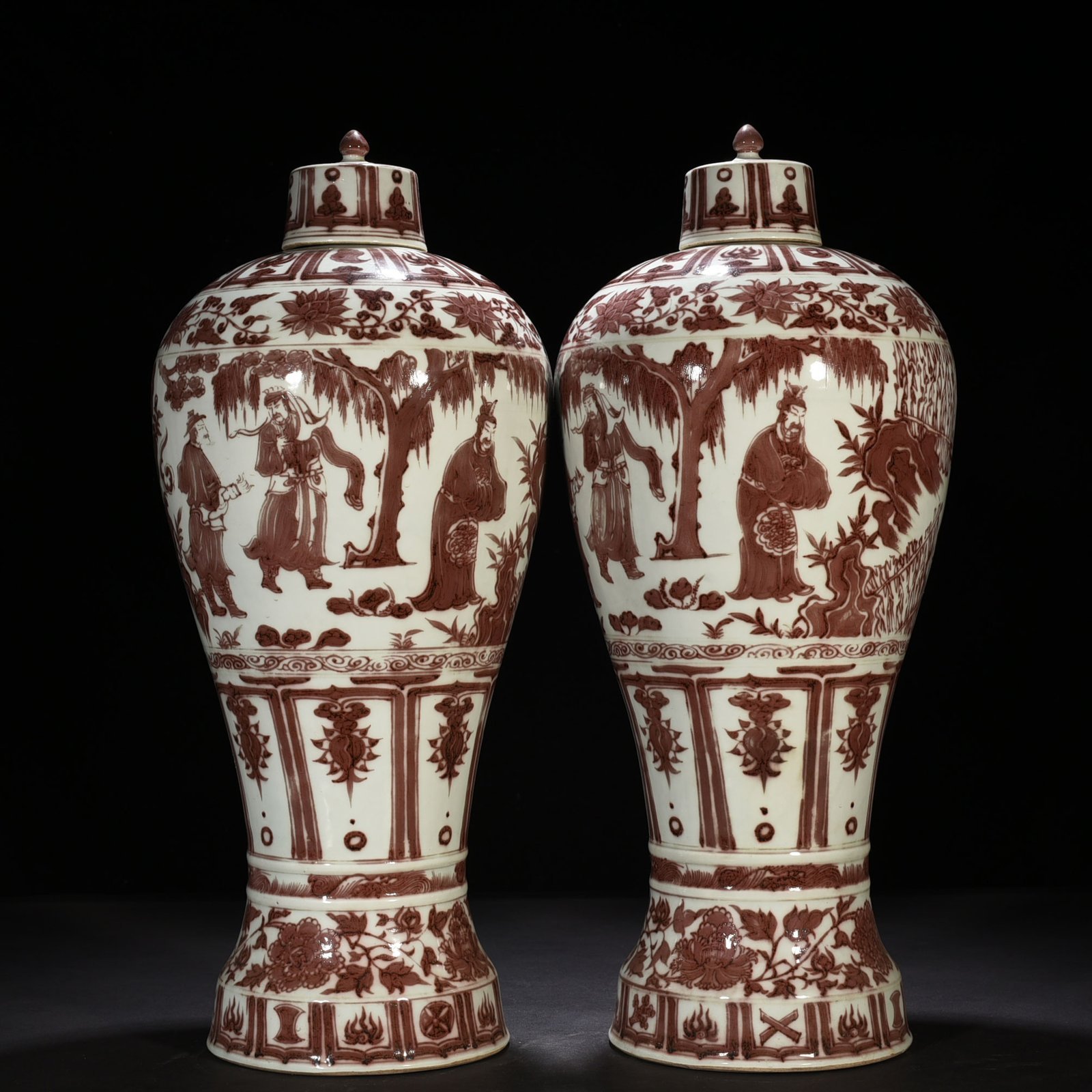 Yuan Dynasty underglaze red three-story thatched cottage figure pattern tall-footed plum vase