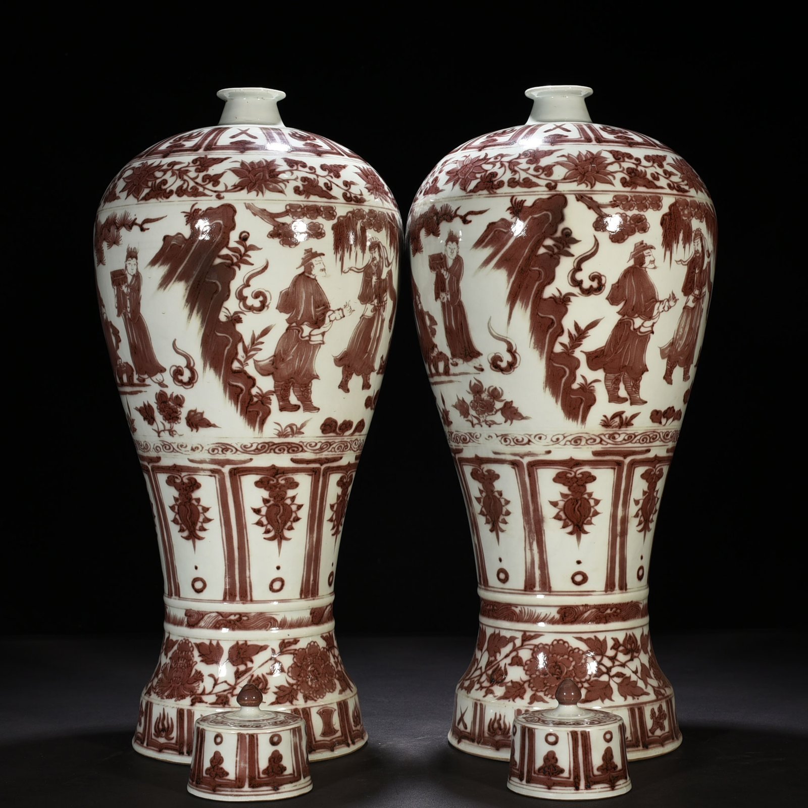 Yuan Dynasty underglaze red three-story thatched cottage figure pattern tall-footed plum vase