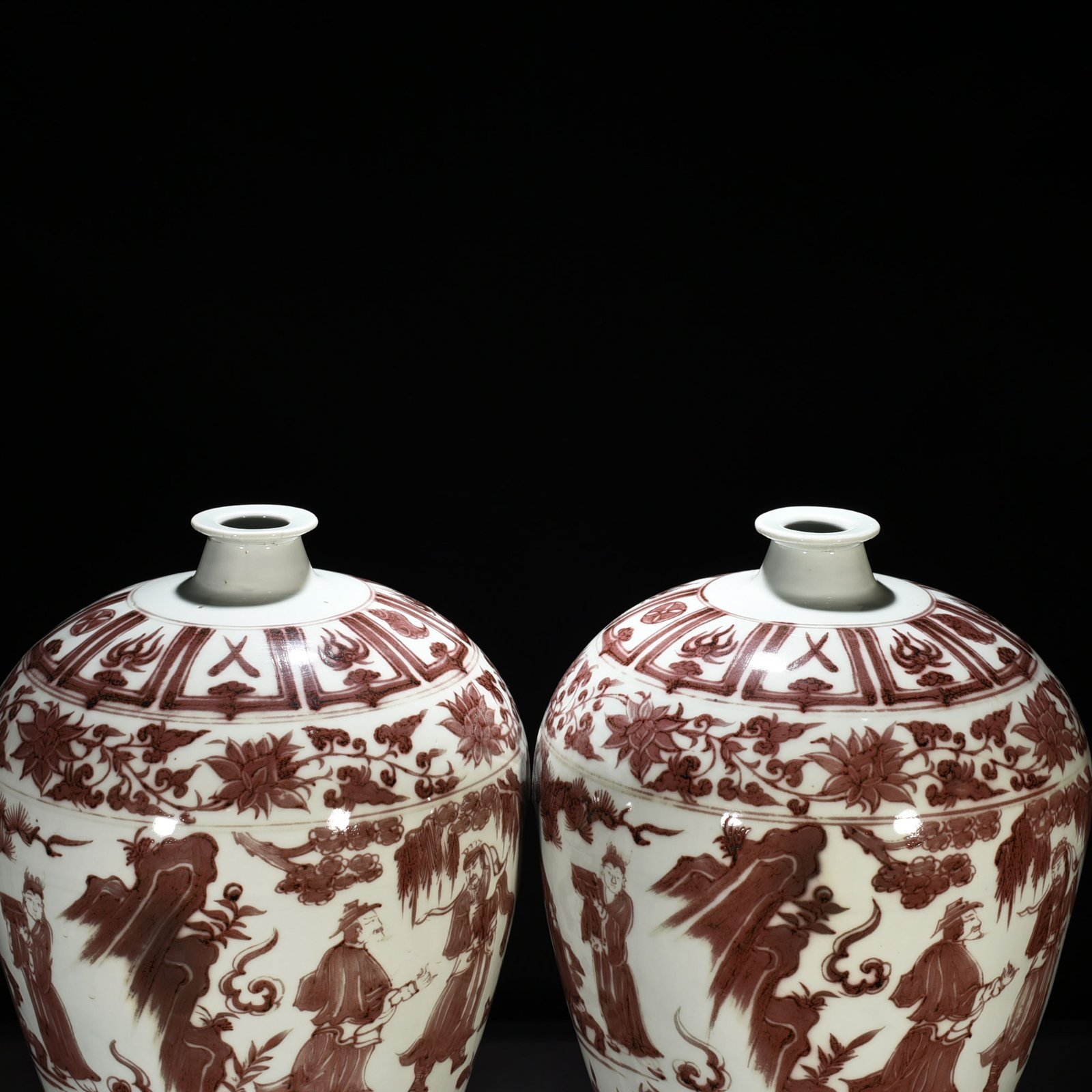Yuan Dynasty underglaze red three-story thatched cottage figure pattern tall-footed plum vase
