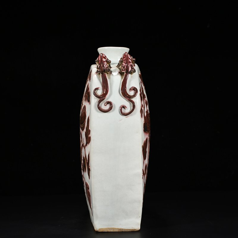 Yuan Dynasty underglaze red engraved peacock and peony pattern four-series flat vase