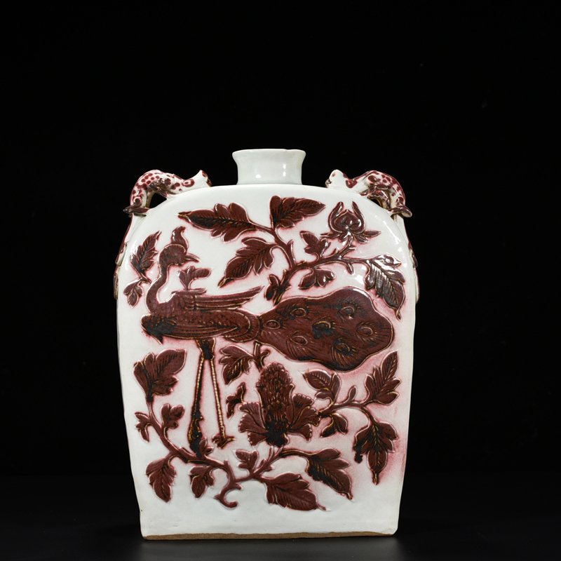 Yuan Dynasty underglaze red engraved peacock and peony pattern four-series flat vase