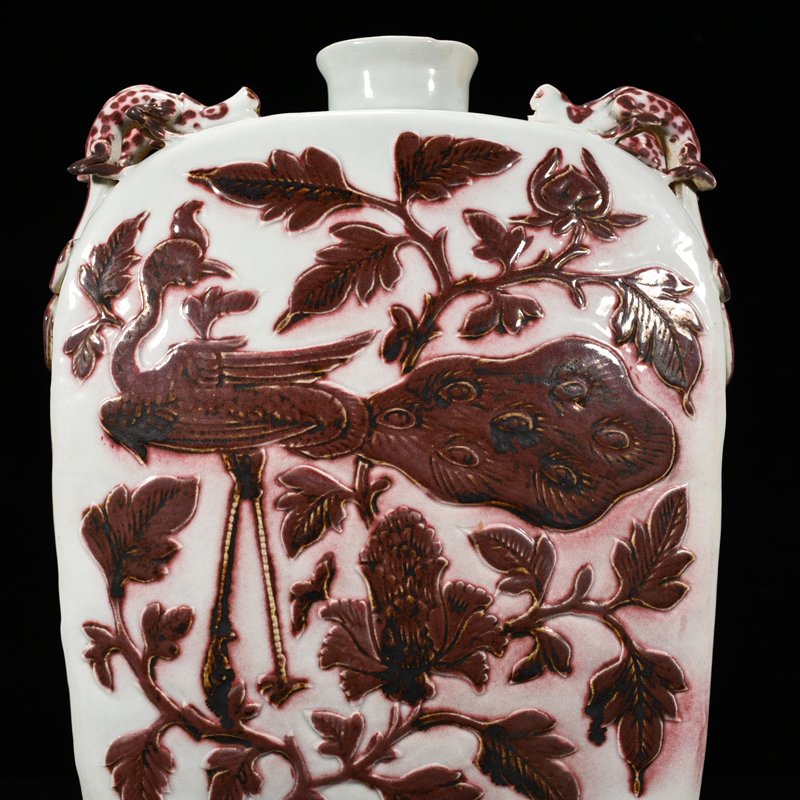 Yuan Dynasty underglaze red engraved peacock and peony pattern four-series flat vase