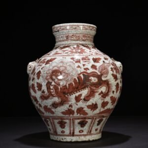 Yuan Dynasty underglaze red lion pattern animal ear jar
