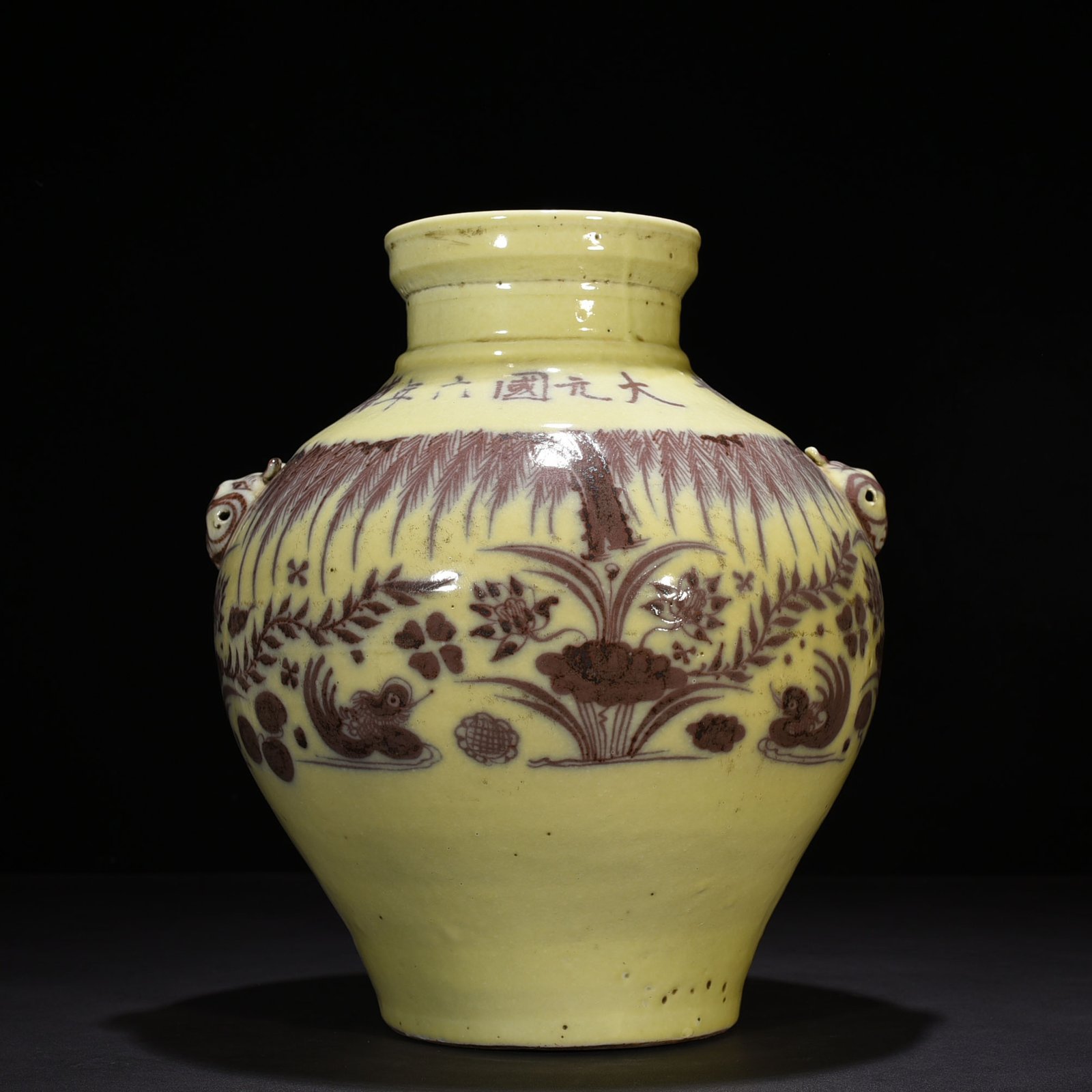 Yuan Dynasty Red Lotus Pond Mandarin Duck Pattern Animal Ear Jar
