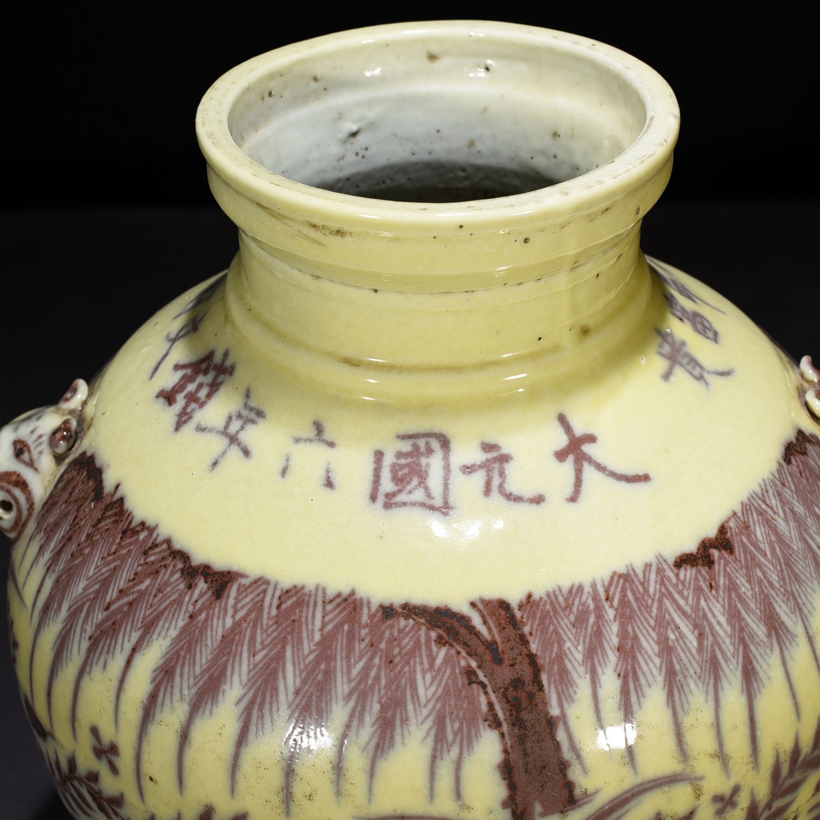 Yuan Dynasty Red Lotus Pond Mandarin Duck Pattern Animal Ear Jar
