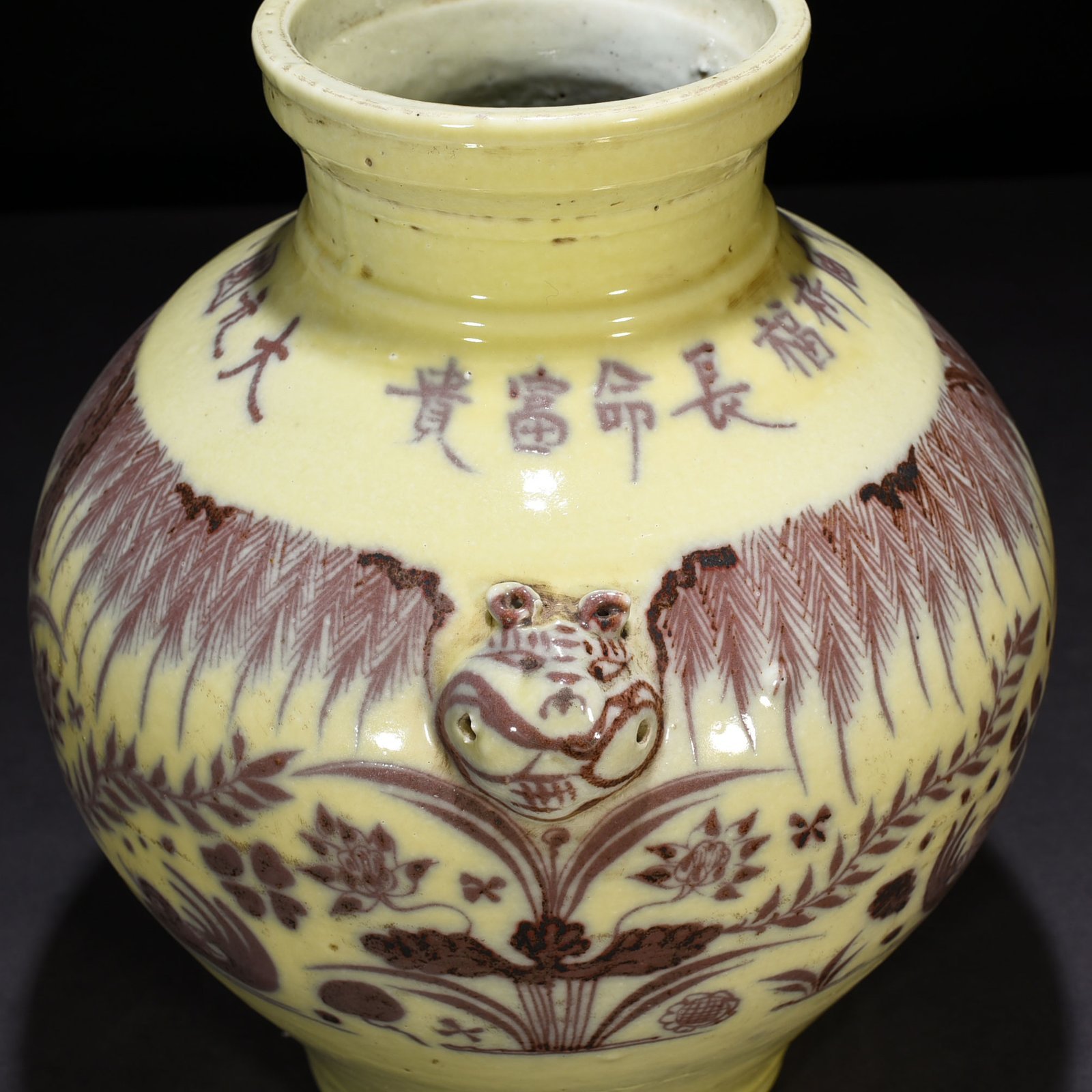 Yuan Dynasty Red Lotus Pond Mandarin Duck Pattern Animal Ear Jar