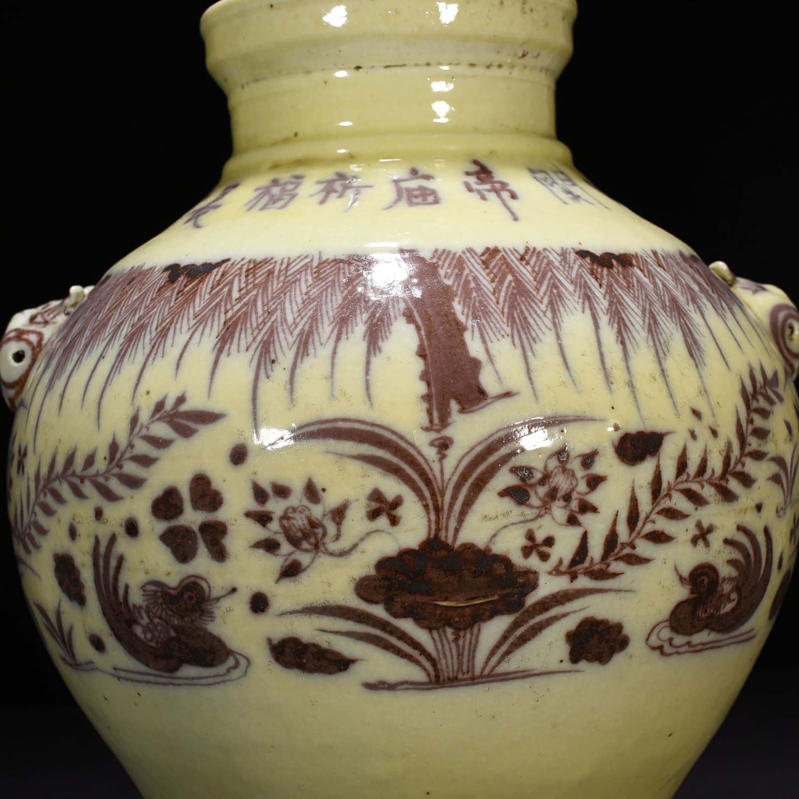 Yuan Dynasty Red Lotus Pond Mandarin Duck Pattern Animal Ear Jar