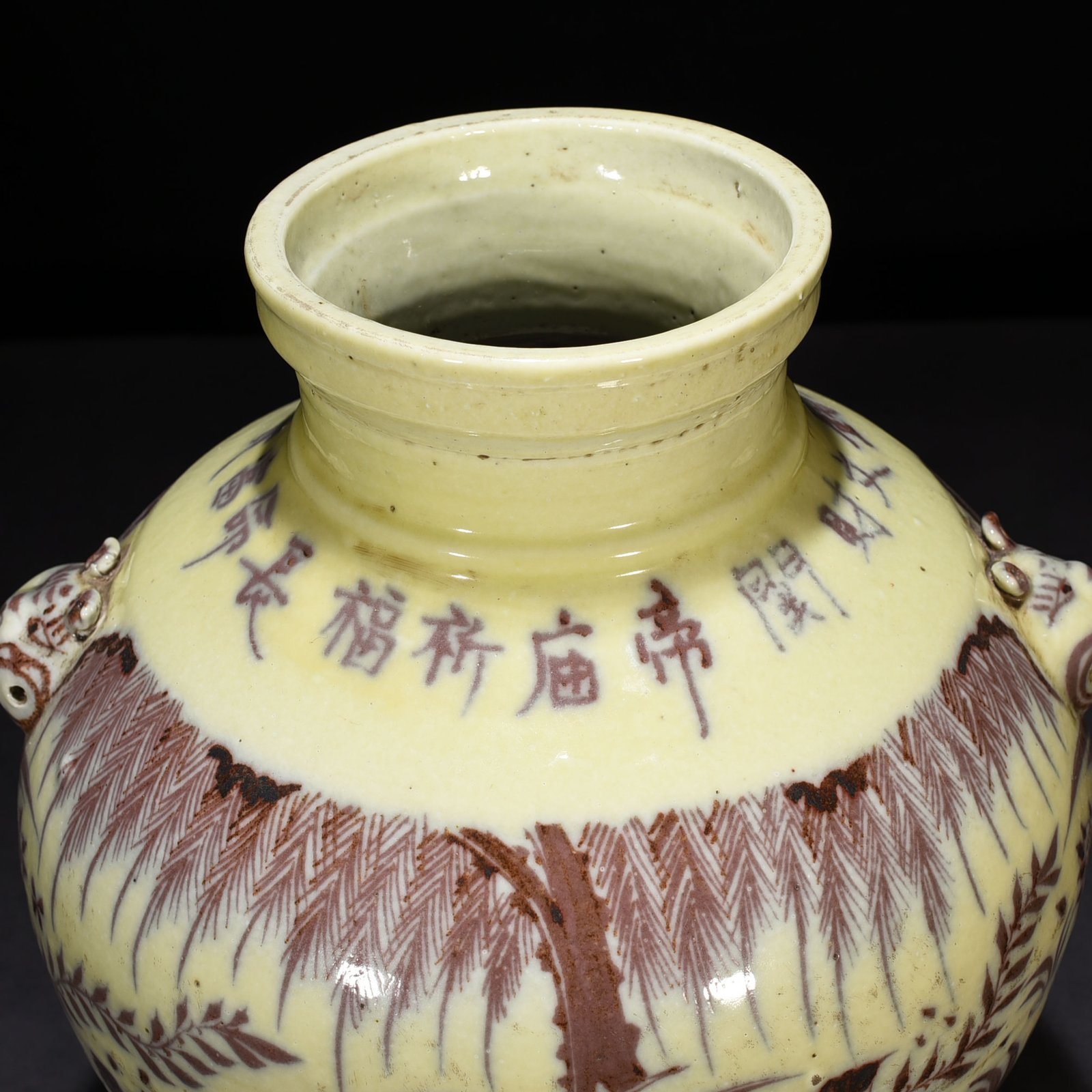Yuan Dynasty Red Lotus Pond Mandarin Duck Pattern Animal Ear Jar