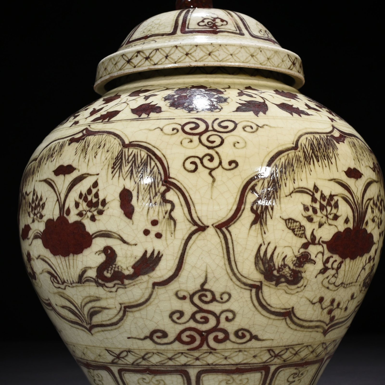 Yuan Dynasty Covered Jar with Underglaze Red Design of Mandarin Ducks in a Lotus Pond