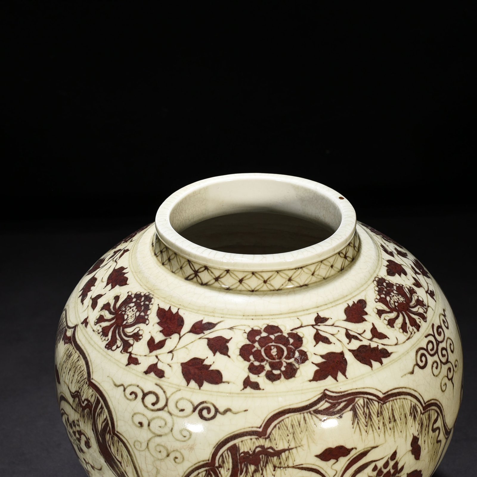 Yuan Dynasty Covered Jar with Underglaze Red Design of Mandarin Ducks in a Lotus Pond