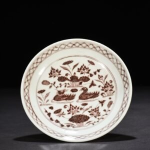 Yuan Dynasty glaze red lotus pond with mandarin duck pattern high plate