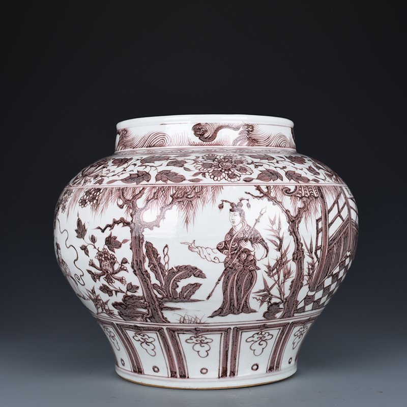 Yuan Dynasty glazed red jar with story patterns from The Romance of the West Chamber
