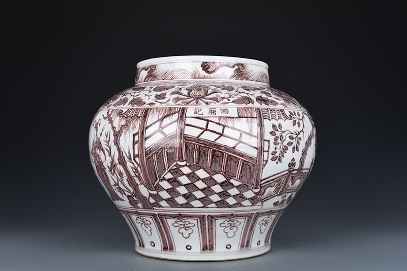 Yuan Dynasty glazed red jar with story patterns from The Romance of the West Chamber