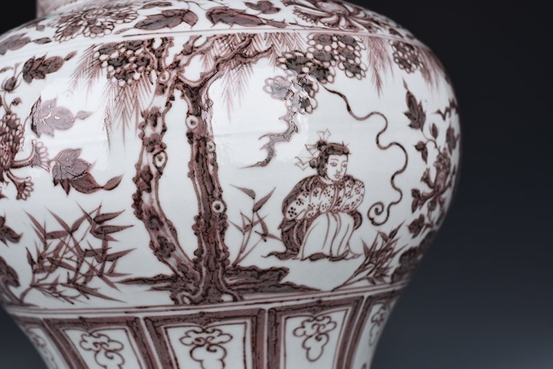 Yuan Dynasty glazed red jar with story patterns from The Romance of the West Chamber
