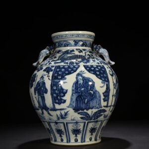 Yuan Dynasty blue and white fish ear jar with story pattern