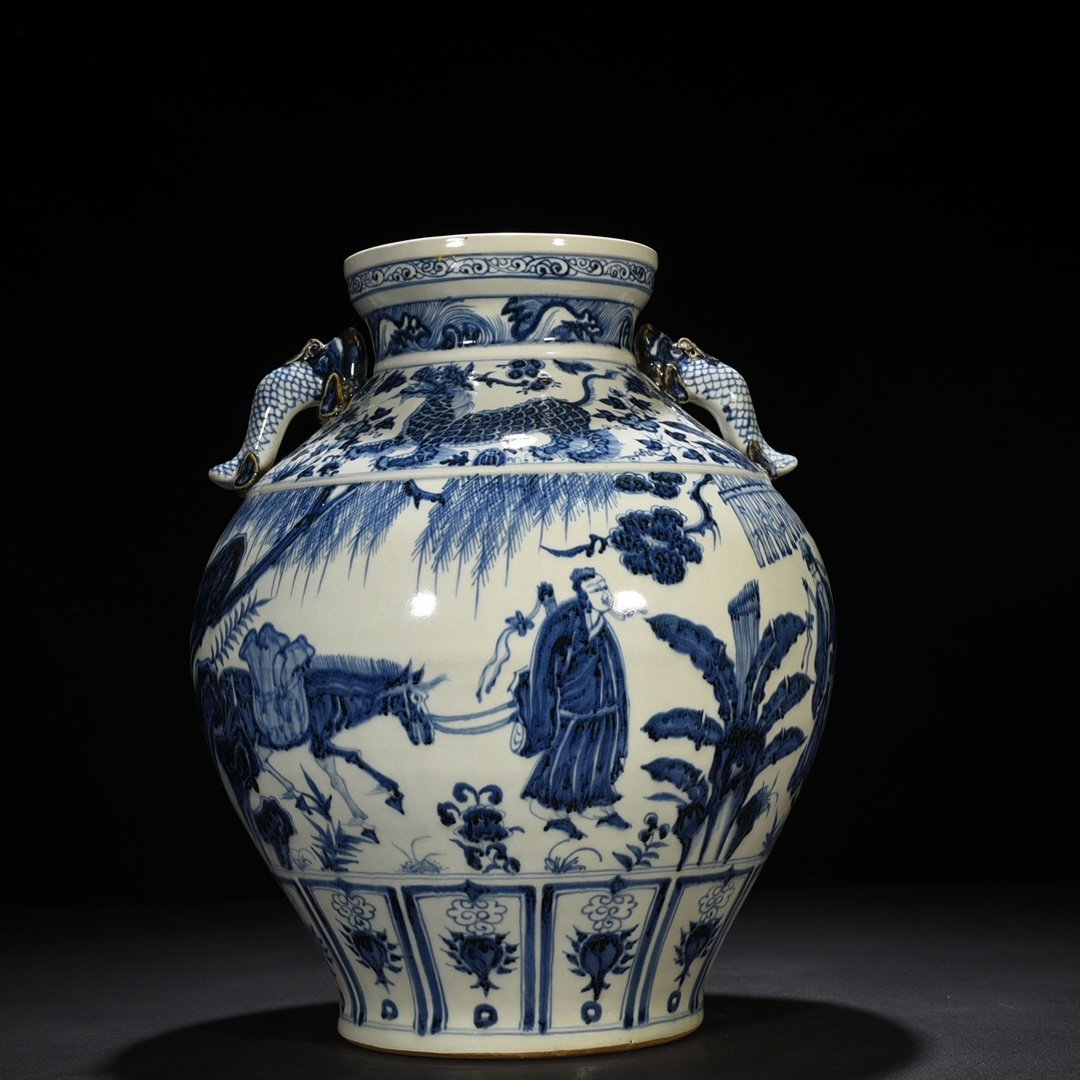 Yuan Dynasty blue and white fish ear jar with story pattern
